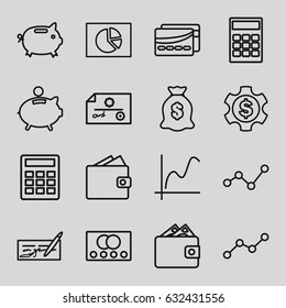 Economy icons set. set of 16 economy outline icons such as credit card, money sack, line graph, card, piggy bank, money box, graph, calculator, dollar gear, wallet, pie chart