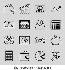 Economy icons set. set of 16 economy outline icons such as credit card, wallet, money on hand, calculator, line graph, lot price, piggy bank, dollar gear, money exchange