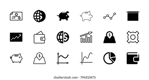 Economy icons. set of 18 editable filled and outline economy icons: pie chart, globe dollar, line graph, lot price, wallet, money box, graph, check