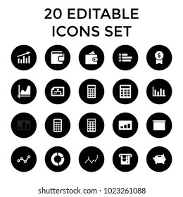 Economy icons. set of 20 editable filled economy icons such as wallet, money box, graph, calculator, check, dollar award, chart. best quality economy elements in trendy style.