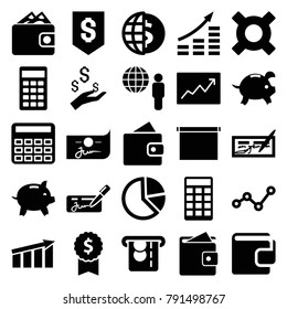 Economy icons. set of 25 editable filled economy icons such as wallet, calculator, pie chart, money growth, check, globe dollar, dollar award, globe and man, graph, chart