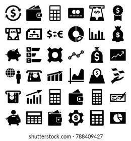 Economy icons. set of 36 editable filled economy icons such as wallet, atm money withdraw, money on hand, graph, calculator, pie chart, piggy bank, check, dollar award