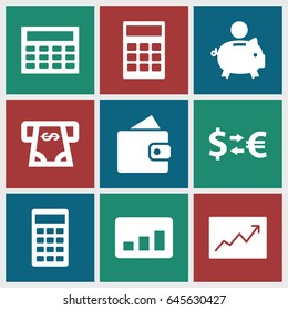 Economy icons set. set of 9 economy filled icons such as wallet, atm money withdraw, calculator, line graph, calclator, chart, money exchange