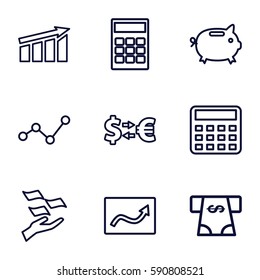 economy icons set. Set of 9 economy outline icons such as money on hand, ATM money withdraw, calculator, graph