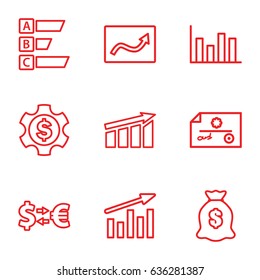 Economy icons set. set of 9 economy outline icons such as money sack, dollar gear, money exchange, check, chart