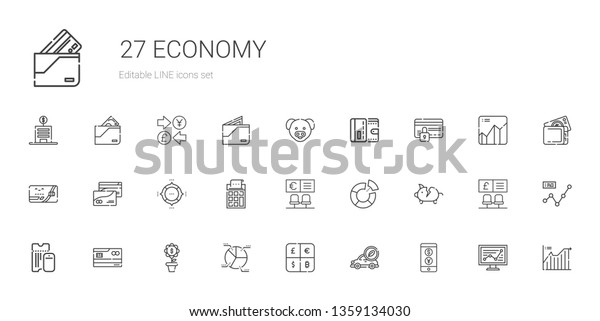 economy\
icons set. Collection of economy with currency, electric car, pie\
chart, growth, credit card, boarding pass, piggy bank, bank,\
calculator. Editable and scalable economy\
icons.