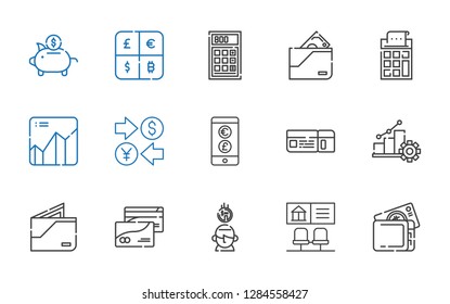 economy icons set. Collection of economy with wallet, bank, saving, credit card, progress, boarding pass, currency, graph, calculator, piggy bank. Editable and scalable economy icons.
