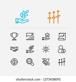 Economy icons set. Investment target and economy icons with real estate investment, business progress and startup. Set of professional for web app logo UI design.