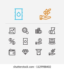 Economy icons set. Petroleum and economy icons with staff training, hand money, agriculture investment. Set of deposit for web app logo UI design.