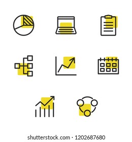 Economy icons set with pie chart, hierarchy and calendar elements. Set of economy icons and date concept. Editable vector elements for logo app UI design.