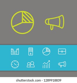 Economy icons set with team, case and graph elements. Set of economy icons and PC concept. Editable vector elements for logo app UI design.