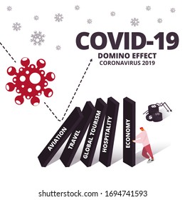 The Economy impact of COVID-19 (2019-nCoV) infographic with many square bar symbol such as aviation,travel,global tourism,hospitality and economy wording. Coronavirus impact tourism business concepts.
