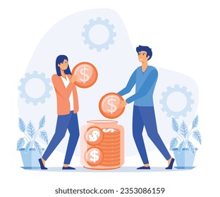 Economy, investment, banking, concept. Family couple save money. Man and woman inserting money into a glass jar.  flat vector modern illustration  
