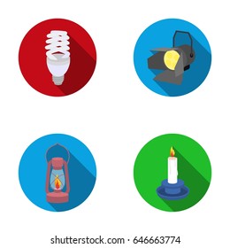 Economy lamp, searchlight, kerosene lamp, candle.Light source set collection icons in flat style vector symbol stock illustration web.