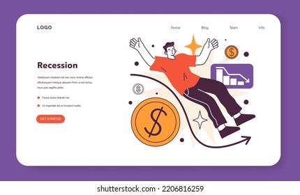 Economy or market wave-like cycle. Recession of economic activity, financial rate decline. GDP, interest rates, total employment, and consumer spending index. Flat vector illustration