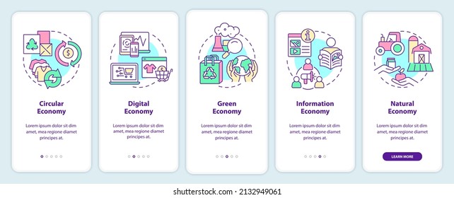 Economy models onboarding mobile app screen. Marketing strategy walkthrough 5 steps graphic instructions pages with linear concepts. UI, UX, GUI template. Myriad Pro-Bold, Regular fonts used