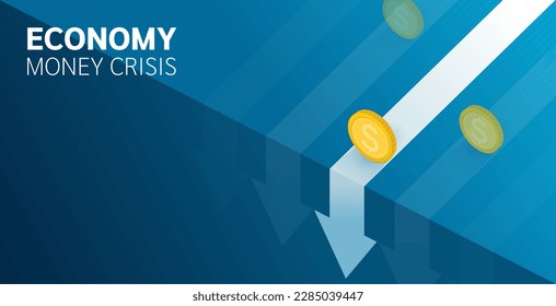 Economy money crisis. financial instability, risky situation or economic recession, crisis or bankruptcy concept, investor falling from stack of unstable money. arrow graphs fall down. vector design.