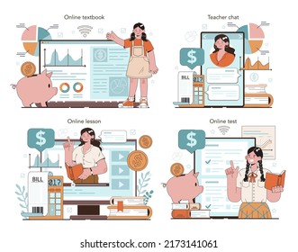 Economy online service or platform set. Student studying global economics and money. Business capital, investment and budget. Online test, lesson, textbook, chat. Flat vector illustration