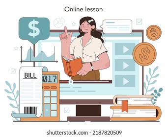 Economy online service or platform. Student studying global economics and money. Business capital, investment and budget. Online lesson. Flat vector illustration