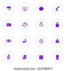 economy purple color vector icons on light round buttons with purple shadow. economy icon set for web, mobile apps, ui design and print