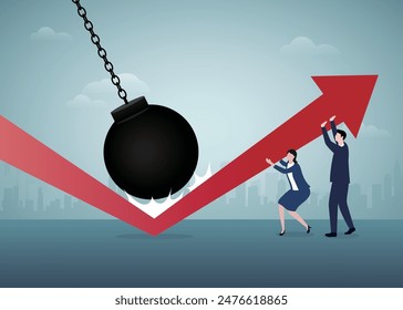 Economy recovery. Businessman and woman helping pulling increasing graph.