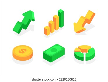 Economy related icons. Money, charts, exchanges. Flat, 3d, vector, isometric, cartoon style illustration isolated on white background