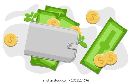 Economy rise concept, green banknotes and gold coins  in wallet. Payment with cash concept. Flat vector illustration.