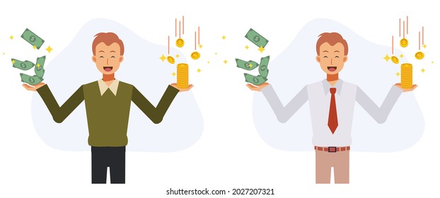 Economy and savings concept.Happy man in casual dress and business uniform holding full of coins and banknotes in both hands. Flat vector cartoon character illustration.