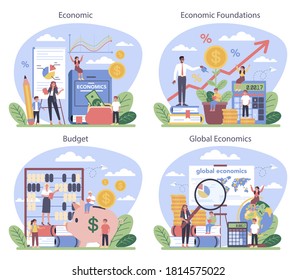 Economy school subject concept set. Student studying economics and budget. Idea of global economics, investment and foundation. Vector illustration in cartoon style