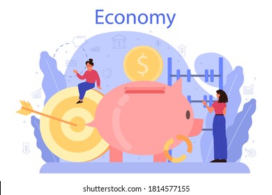 Economy school subject concept. Student studying economics and money. Idea of business capital, investment and money making. Vector illustration in cartoon style