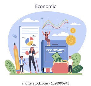 Concepto de asignatura en la escuela de economía. Estudiante estudiando economía y presupuesto. Idea de economía, inversión y fundación globales. Ilustración vectorial en estilo de caricatura