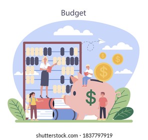 Economy school subject concept. Student studying economics and budget. Idea of global economics, investment and foundation. Vector illustration in cartoon style