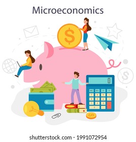 Economy school subject concept. Student studying microeconomics and budget. Idea of global economics, investment and foundation. Vector illustration in cartoon style