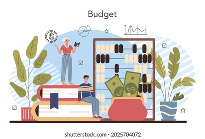 Concepto de asignatura en la escuela de economía. Estudiante estudiando economía global y dinero. Idea de capital empresarial, inversión y presupuesto. Ilustración vectorial en estilo de caricatura