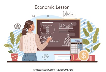 Economy school subject concept. Student studying global economics and money. Idea of business capital, investment and budget. Vector illustration in cartoon style