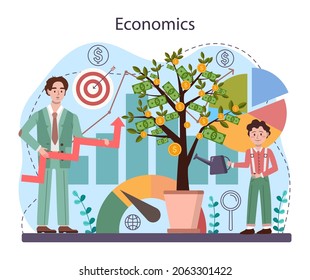 Economy school subject concept. Student studying global economics and money. Idea of business capital, investment and budget. Vector illustration in cartoon style