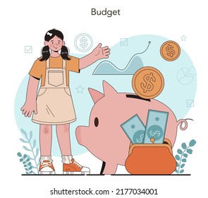 Economy school subject concept. Student studying global economics and money. Idea of business capital, investment and budget. Vector illustration in cartoon style