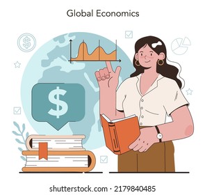 Economy school subject concept. Student studying global economics and money. Idea of business capital, investment and budget. Vector illustration in cartoon style