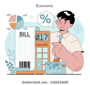 Concepto de asignatura en la escuela de economía. Estudiante estudiando economía global y dinero. Idea de capital empresarial, inversión y presupuesto. Ilustración vectorial en estilo de caricatura