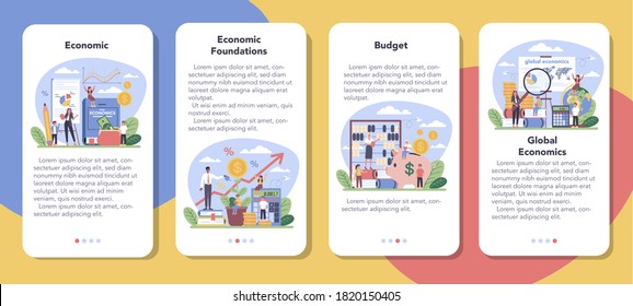 Economy school subject mobile application banner set. Student studying economics and budget. Idea of global economics, investment and foundation. Vector illustration in cartoon style