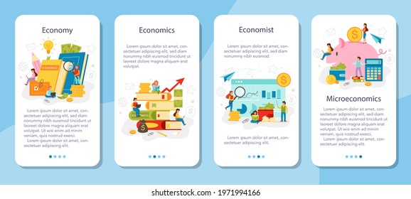 Economy school subject mobile application banner set. Student studying economics and budget. Idea of global economics, investment and foundation. Vector illustration in cartoon style