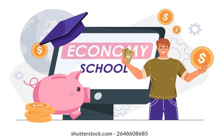 Economy school subject online. Man with banknotes and coins near piggy bank and monitor. Remote education and training. Bachelor and student. Flat vector illustration