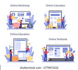 Economy school subject online service or platform set. Student studying economics and money. Online workshop, textbook, calculator, education. Vector illustration in cartoon style
