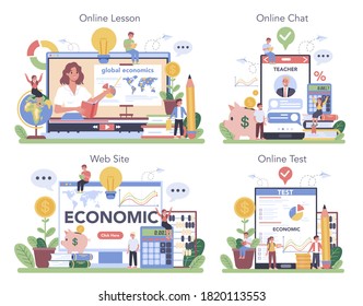 Economy school subject online service or platform set. Student studying economics and budget. Online lesson, chat with professor, website, test. Vector illustration in cartoon style