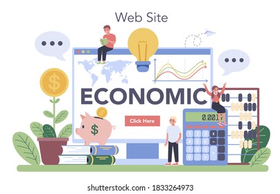 Economy school subject online service or platform. Student studying economics and budget. Website. Vector illustration in cartoon style