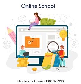 Economy school subject online service or platform. Student studying economics and budget. Idea of global economics. Online school. Vector flat illustration