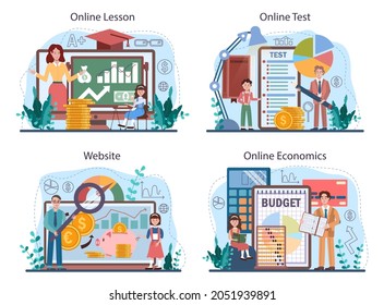 Servicio en línea de asignatura de economía o conjunto de plataformas. Estudiante estudiando economía global y dinero. Idea de inversión y presupuesto. Lección en línea, prueba, economía, sitio web. Ilustración vectorial plana