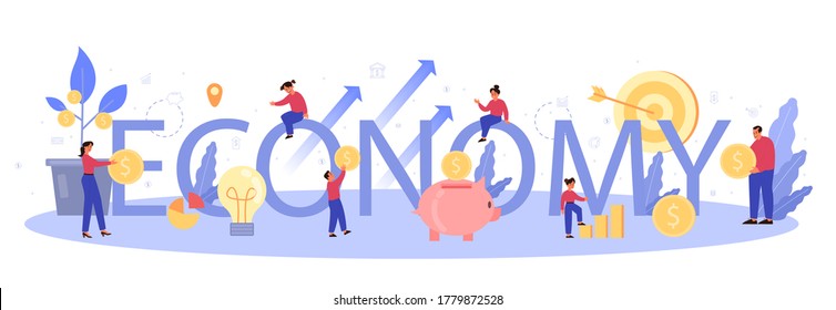 Economy school subject typographic header. Student studying economics and money. Idea of business capital, investment and money making. Vector illustration in cartoon style
