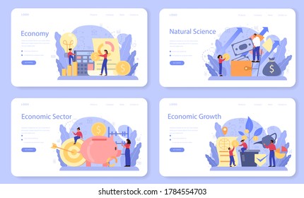 Banner web de asignatura de economía o página de inicio. Estudiante estudiando economía y dinero. Idea de capital empresarial, inversión y ganancia de dinero. Ilustración vectorial en estilo de caricatura