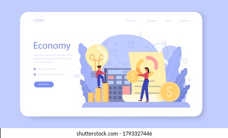 Economy school subject web banner or landing page. Student studying economics and money. Idea of business capital, investment and money making. Vector illustration in cartoon style